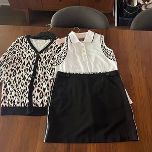 3 piece golf outfit leopard print sweater/trim on sleeves.Never worn!